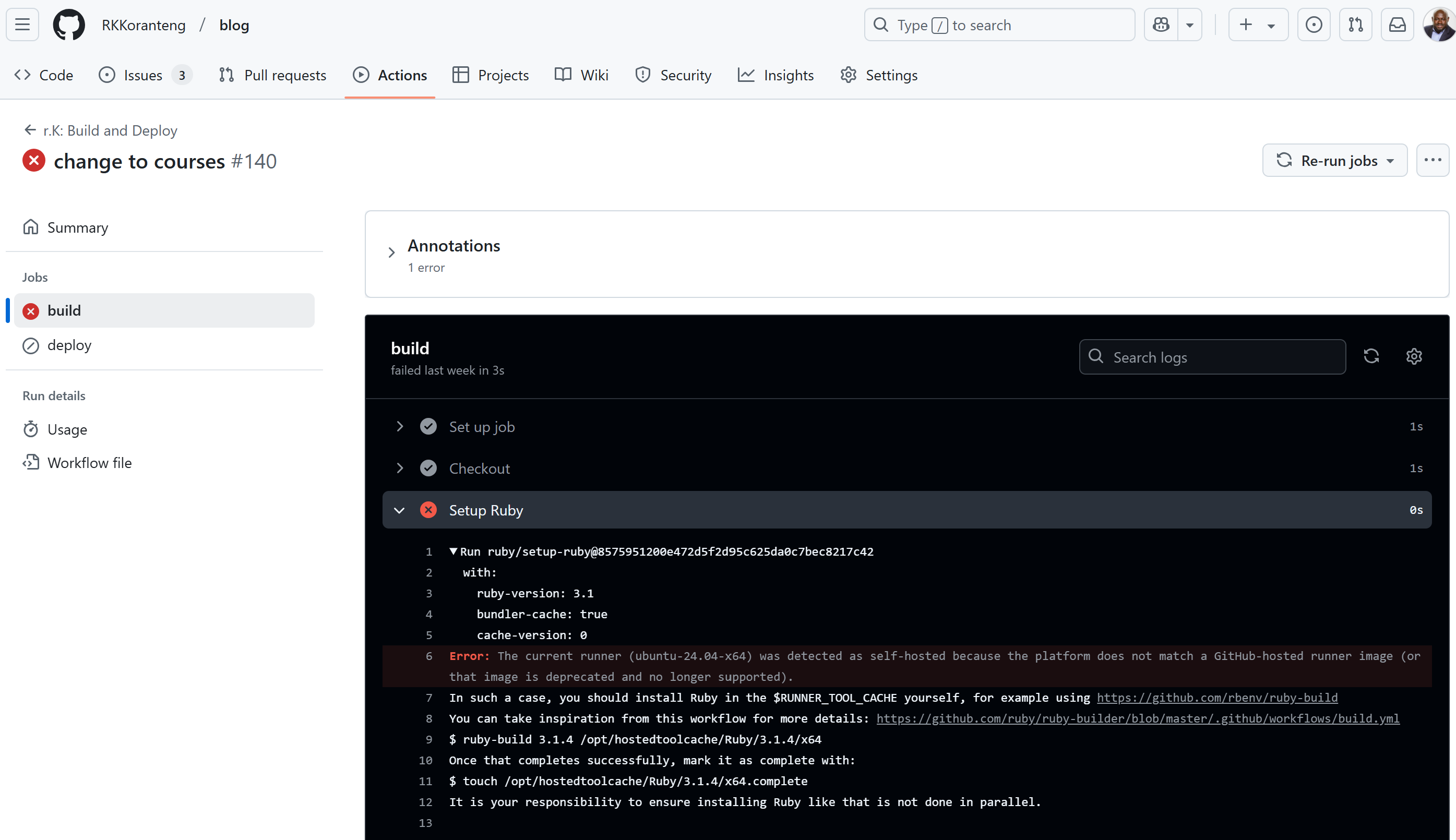 GitHub Actions build error for Pages due to old ruby version